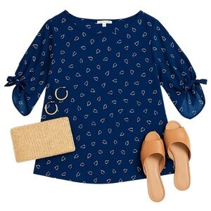 Rosie Pope Navy Wishbone Print Blouse XL Bow Tie Sleeve Soft Draped Top in EUC